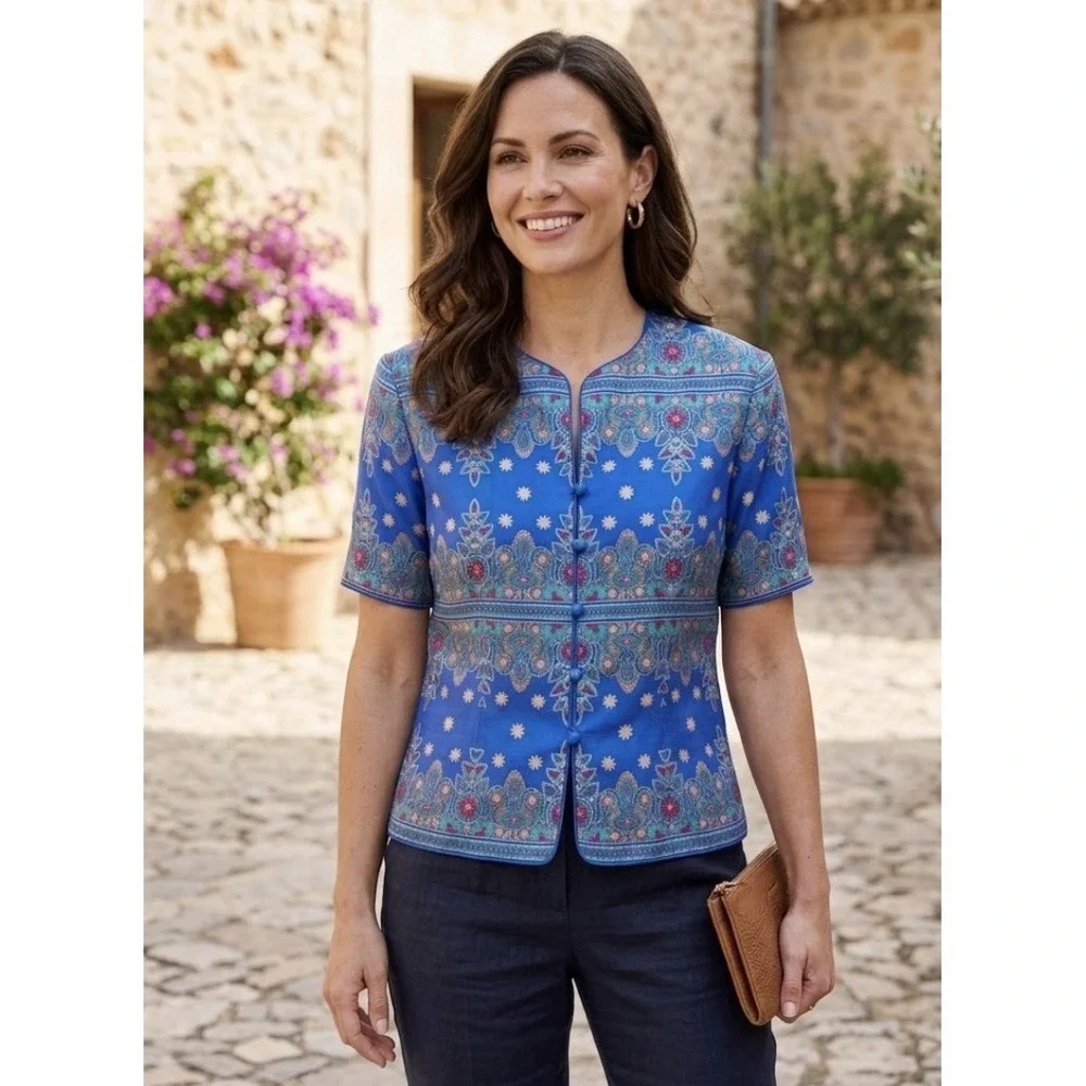 Adrianna Papell Boutique Silk Button Up Blouse Women Size 12 Blue Floral Vintage - Picture 1 of 9